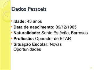 Dados Pessoais

 Idade: 43 anos
 Data de nascimento: 09/12/1965
 Naturalidade: Santo Estêvão, Barrosas
 Profissão: Operador de ETAR
 Situação Escolar: Novas
  Oportunidades



                                          54
 