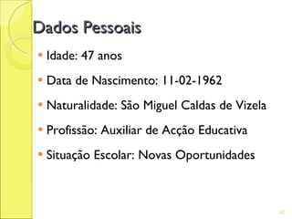 Dados Pessoais
   Idade: 47 anos
   Data de Nascimento: 11-02-1962
   Naturalidade: São Miguel Caldas de Vizela
   Profissão: Auxiliar de Acção Educativa
   Situação Escolar: Novas Oportunidades



                                                82
 