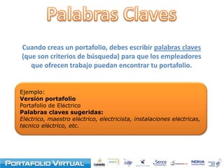Cuando creas un portafolio, debes escribir palabras claves
(que son criterios de búsqueda) para que los empleadores
   que ofrecen trabajo puedan encontrar tu portafolio.


Ejemplo:
Versión portafolio
Portafolio de Eléctrico
Palabras claves sugeridas:
Eléctrico, maestro eléctrico, electricista, instalaciones eléctricas,
técnico eléctrico, etc.
 
