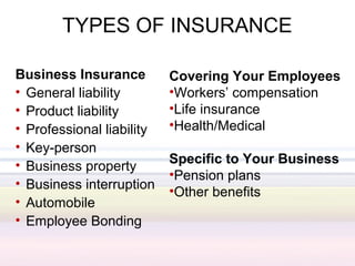 TYPES OF INSURANCE

Business Insurance         Covering Your Employees
• General liability        •Workers’ compensation
• Product liability        •Life insurance
• Professional liability   •Health/Medical
• Key-person
• Business property        Specific to Your Business
                           •Pension plans
• Business interruption
                           •Other benefits
• Automobile
• Employee Bonding
 