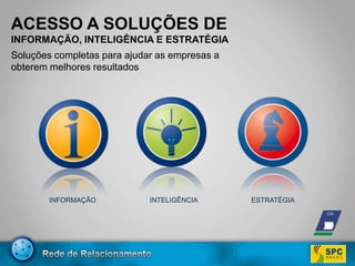 ACESSO A SOLUÇÕES DEINFORMAÇÃO, INTELIGÊNCIA E ESTRATÉGIASoluções completas para ajudar as empresas a obterem melhores resultadosINFORMAÇÃOINTELIGÊNCIAESTRATÉGIA