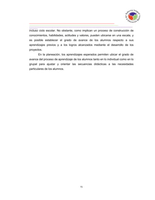 incluso ciclo escolar. No obstante, como implican un proceso de construcción de
conocimientos, habilidades, actitudes y valores, pueden ubicarse en una escala, y
es posible establecer el grado de avance de los alumnos respecto a sus
aprendizajes previos y a los logros alcanzados mediante el desarrollo de los
proyectos.
       En la planeación, los aprendizajes esperados permiten ubicar el grado de
avance del proceso de aprendizaje de los alumnos tanto en lo individual como en lo
grupal para ajustar y orientar las secuencias didácticas a las necesidades
particulares de los alumnos.
 