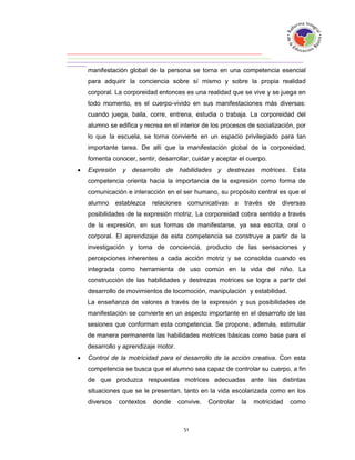 manifestación global de la persona se torna en una competencia esencial
    para adquirir la conciencia sobre sí mismo y sobre la propia realidad
    corporal. La corporeidad entonces es una realidad que se vive y se juega en
    todo momento, es el cuerpo-vivido en sus manifestaciones más diversas:
    cuando juega, baila, corre, entrena, estudia o trabaja. La corporeidad del
    alumno se edifica y recrea en el interior de los procesos de socialización, por
    lo que la escuela, se torna convierte en un espacio privilegiado para tan
    importante tarea. De allí que la manifestación global de la corporeidad,
    fomenta conocer, sentir, desarrollar, cuidar y aceptar el cuerpo.
   Expresión y desarrollo de habilidades y destrezas motrices. Esta
    competencia orienta hacia la importancia de la expresión como forma de
    comunicación e interacción en el ser humano, su propósito central es que el
    alumno establezca relaciones comunicativas               a través de    diversas
    posibilidades de la expresión motriz. La corporeidad cobra sentido a través
    de la expresión, en sus formas de manifestarse, ya sea escrita, oral o
    corporal. El aprendizaje de esta competencia se construye a partir de la
    investigación y toma de conciencia, producto de las sensaciones y
    percepciones inherentes a cada acción motriz y se consolida cuando es
    integrada como herramienta de uso común en la vida del niño. La
    construcción de las habilidades y destrezas motrices se logra a partir del
    desarrollo de movimientos de locomoción, manipulación y estabilidad.
    La enseñanza de valores a través de la expresión y sus posibilidades de
    manifestación se convierte en un aspecto importante en el desarrollo de las
    sesiones que conforman esta competencia. Se propone, además, estimular
    de manera permanente las habilidades motrices básicas como base para el
    desarrollo y aprendizaje motor.
   Control de la motricidad para el desarrollo de la acción creativa. Con esta
    competencia se busca que el alumno sea capaz de controlar su cuerpo, a fin
    de que produzca respuestas motrices adecuadas ante las distintas
    situaciones que se le presentan, tanto en la vida escolarizada como en los
    diversos   contextos   donde      convive.   Controlar    la   motricidad   como
 