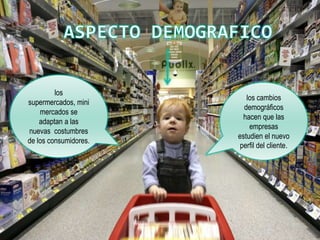 ASPECTO DEMOGRAFICOlos supermercados, mini mercados se adaptan a las nuevas costumbres de los consumidores.los cambios demográficos hacen que las empresas estudien el nuevo perfil del cliente.