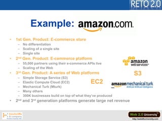 Example: Amazon
•   1st Gen. Product: E-commerce store
     – No differentiation
     – Scaling of a single site
     – Si...