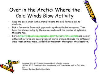 Over in the Arctic: Where the Cold Winds Blow Activity ,[object Object],[object Object],[object Object],Language Arts K.1.13: Count the number of syllables in words. Science K.3.2: Investigate that things move in different ways, such as fast, slow, etc. Howard Gardner: Bodily-Kinesthetic 