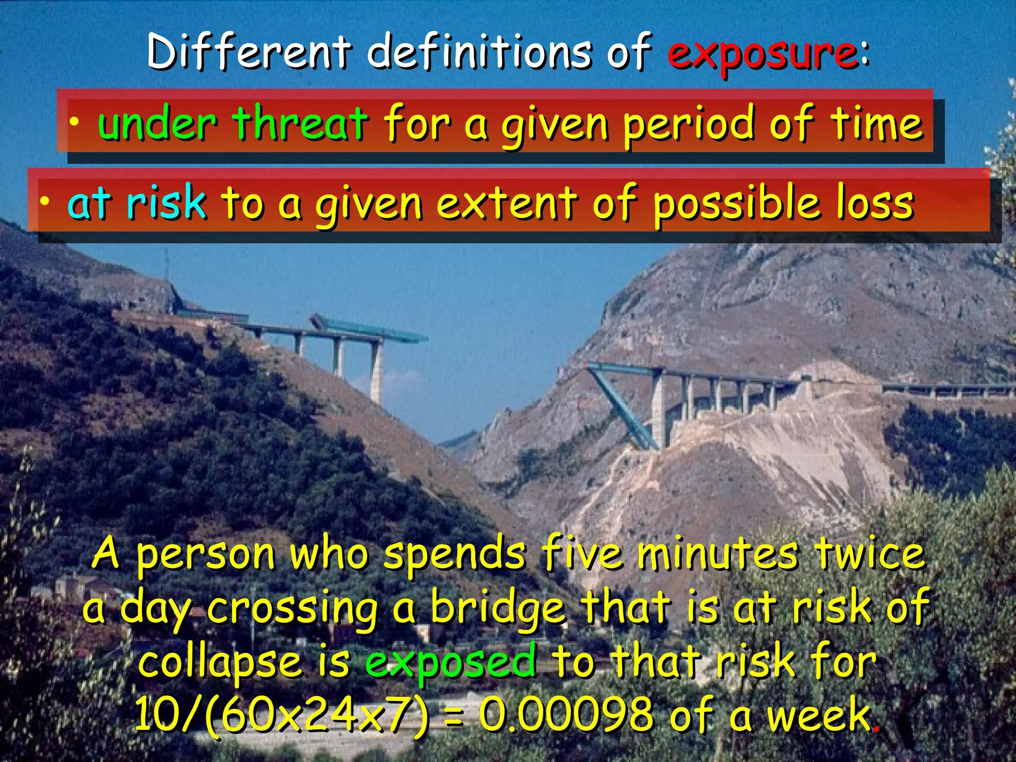 A person who spends five minutes twice a day crossing a bridge that is at risk of collapse is  exposed  to that risk for 10/(60x24x7) = 0.00098 of a week . under threat  for a given period of time at risk  to a given extent of possible loss Different definitions of  exposure : 