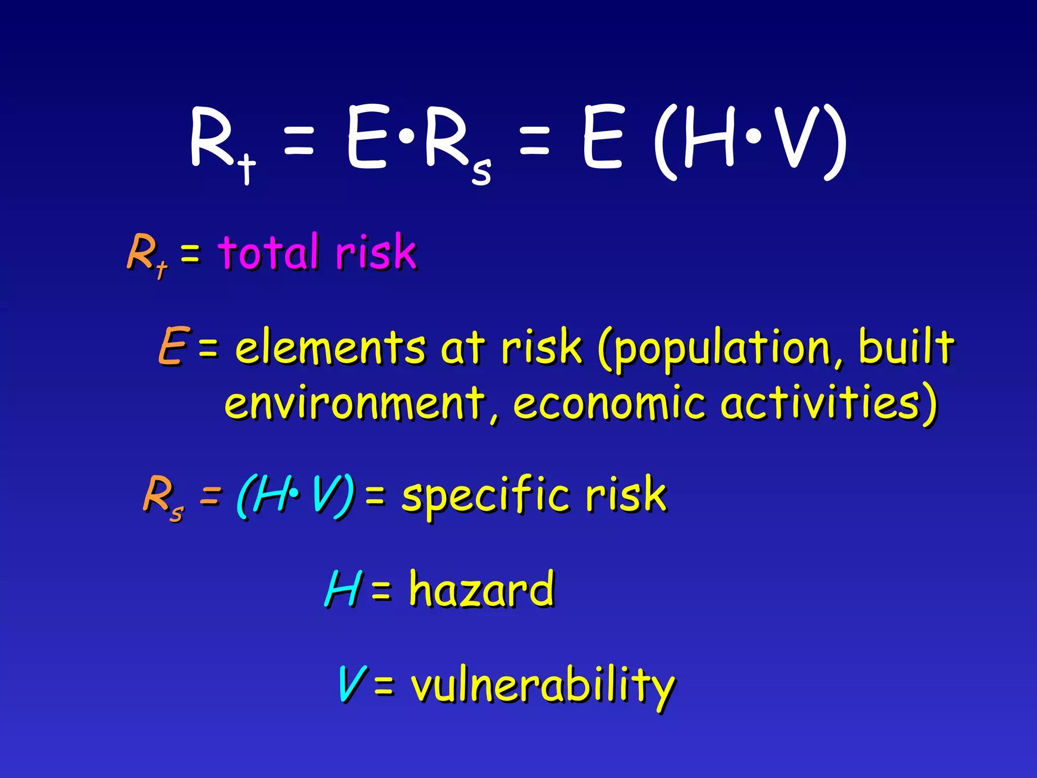 R t  = E•R s  = E (H•V) R t  =  total risk E  = elements at risk (population, built environment, economic activities) R s  =  (H • V)   = specific risk H  = hazard V  = vulnerability 