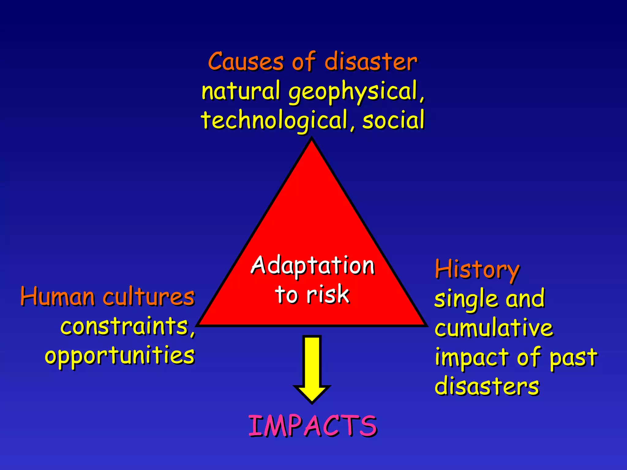 Human cultures constraints, opportunities History single and cumulative impact of past disasters Causes of disaster natural geophysical, technological, social Adaptation to risk IMPACTS 