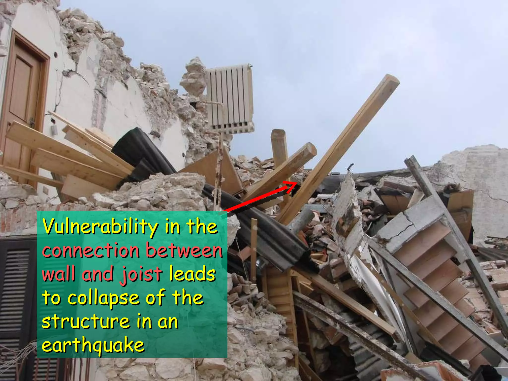 Vulnerability in the connection between wall and joist  leads to collapse of the  structure in an earthquake 