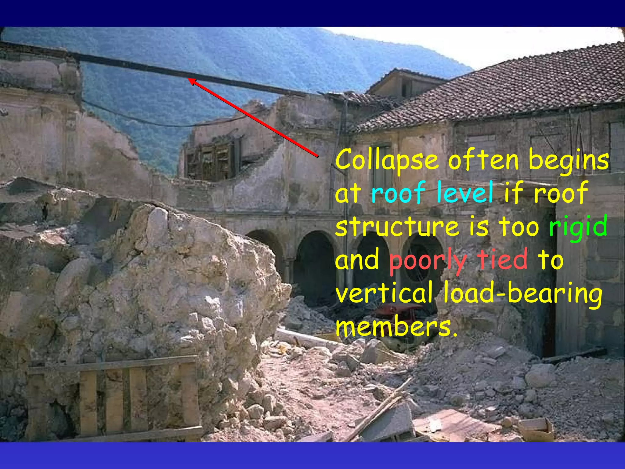 Collapse often begins at  roof level  if roof structure is too  rigid and  poorly tied  to vertical load-bearing members. 