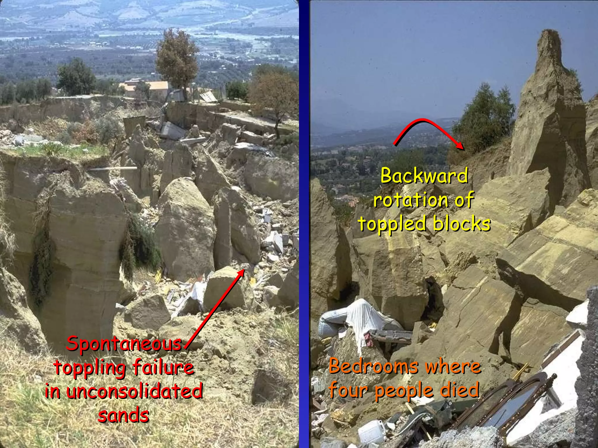 Bedrooms where four people died Spontaneous toppling failure in unconsolidated sands Backward rotation of toppled blocks 