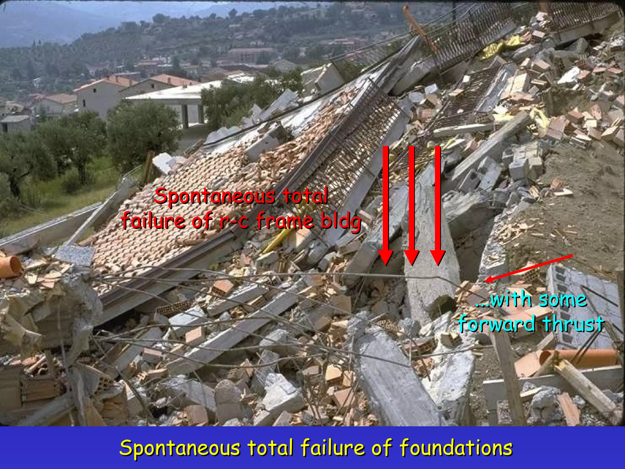 Spontaneous total failure of foundations Spontaneous total failure of r-c frame bldg ...with some forward thrust 