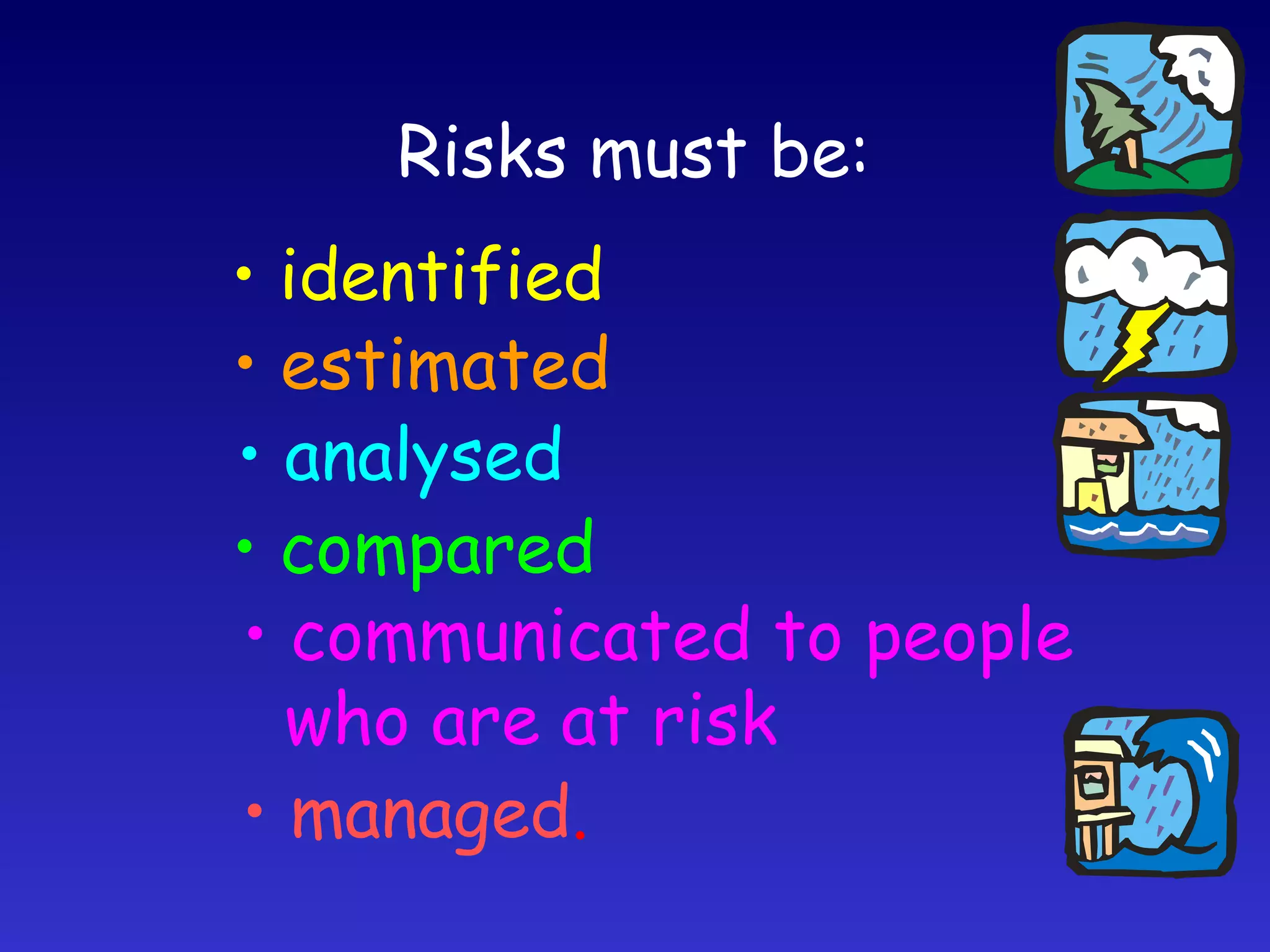 Risks must be: identified estimated analysed compared communicated to people who are at risk managed . 