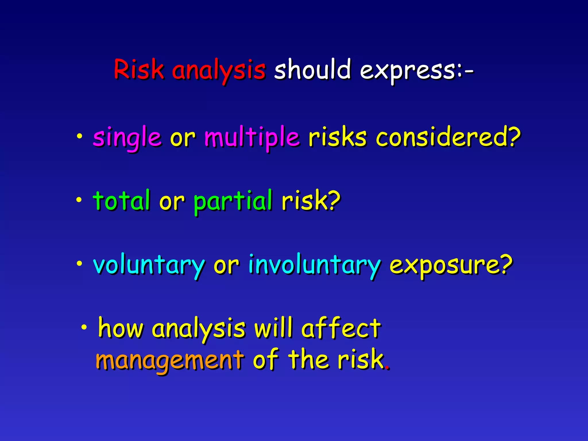 single  or  multiple  risks considered? total  or  partial  risk? voluntary  or  involuntary  exposure? how analysis will affect management  of the risk . Risk analysis  should express:- 