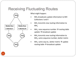 Receiving Fluctuating Routes What might happen: MH 9  broadcasts update information to MH Collections I and II MH 2  transmits new routing information to MH 4 MH 4 : new sequence number    routing table update    broadcast update MH 6  transmits new routing information to MH 4 , same sequence number, better metric MH 4 : same seq.no., better metric    update routing table    broadcast update 