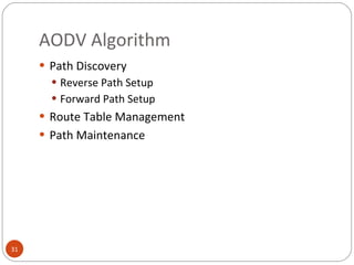 AODV Algorithm Path Discovery Reverse Path Setup Forward Path Setup Route Table Management Path Maintenance 