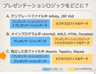 プレゼンテーションロジックをどこに？

A. テンプレートファイル中 (eRuby, JSP, Kid)
  プレゼンテーションロジック
                                                    ビジネスロジック＆データ
  ＋プレゼンテーションデータ


B. メインプログラム中 (Amrita2, XMLC, HTML::Template)
                                                 プレゼンテーションロジック
   プレゼンテーションデータ
                                                 ＋ビジネスロジック＆データ


C. 独立した別ファイル中 (Kwartz, Tapestry, Mayaa)
   プレゼンテーションロジック
                                                    ビジネスロジック＆データ
   プレゼンテーションデータ

                                         テンプレート                      メインプログラム
             copyright(c) 2010 kuwata-lab.com all rights reserved.
                                                                                30
 