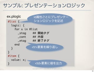 サンプル: プレゼンテーションロジック

ex.plogic                  id属性ごとにプレゼンテー
 #list	 {                  ションロジックを記述
 	 	 logic:	 {
 	 	 	 	 for	 x	 in	 @list
 	 	 	 	 	 	 _stag	 	 	 	 ##	 開始タグ
 	 	 	 	 	 	 _cont	 	 	 	 ##	 内容
 	 	 	 	 	 	 _etag	 	 	 	 ##	 終了タグ
 	 	 	 	 end
 	 	 }                   <tr>要素を繰り返し
 }
 #item	 {
 	 	 value:	 x;
 }                          <td>要素に値を出力
                copyright(c) 2010 kuwata-lab.com all rights reserved.
                                                                        42
 