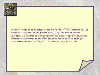 Dans la crypte de la basilique se trouve la chapelle de l’Immaculée.  Sa voûte basse repose sur des piliers massifs, agrémentés de petites colonnettes de granit au-dessus desquelles l’on retrouve des mosaïques miniatures représentant des éléments de la faune ou de la flore que vous retrouvez tout au long de ce diaporama. Il y en a 178!!! 