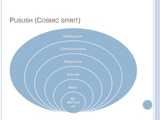 PUSUSH (COSMIC SPIRIT)
Intelligence

Consciousness

Subjective

Eternal

Static

No
Attribut
es

 