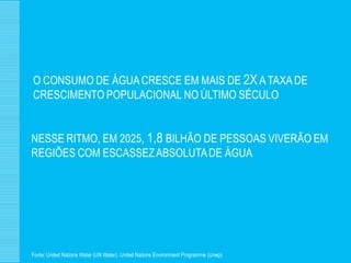 O CONSUMO DE ÁGUA CRESCE EM MAIS DE 2X A TAXA DE
CRESCIMENTO POPULACIONAL NO ÚLTIMO SÉCULO


NESSE RITMO, EM 2025, 1,8 BILHÃO DE PESSOAS VIVERÃO EM
REGIÕES COM ESCASSEZ ABSOLUTA DE ÁGUA




Fonte: United Nations Water (UN Water), United Nations Environment Programme (Unep)
 