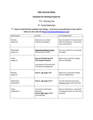 ENG 102 (Fall 2010)<br />Schedule for Writing Project #1<br />TSIS = They Say, I Say<br />SB = Scratch Beginnings<br />***  Keep in mind that this schedule may change – so be sure to pay attention in class and/ or check our class web site (http://shankeng102.blogspot.com)<br />Class SessionIn-ClassFor the Next Class!MondayAugust 23Welcome to our Class!Review Class SyllabusBuy the books for the class (check with the bookstore – I know they have used copies!)WednesdayAugust 25Diagnostic Writing (in class)Get everyone’s email!Be sure to check out or class web site ASAP!FridayAugust 27Discuss Writing Project #1(The Shepard Project!)Is everyone on the web site?!Talk about the DiagnosticsMake sure you get the reading done for Monday!MondayAugust 31Discuss:  SB, pages 1-29Make sure you get the reading done for Wednesday!WednesdaySeptember 2Discuss:  SB, pages 31-57You will need the second text, They Say, I Say, by the next classFridaySeptember 4Summaries and AnalysisExamplesDiscuss TSIS: pages 17-47(summarizing)Keep in mind there is a big chunk of reading to do for our next class meeting!MondaySeptember 6Labor day – No class!WednesdaySeptember 8Discuss SB:  pages 59-153Brainstorm SubjectsRead!FridaySeptember 10Discuss SB:  pages 155-194Brainstorm SubjectsRead!MondaySeptember 13Discuss SB:  pages 195-endBrainstorm Subjects***  Do you have an idea for your paper now?!?!WednesdaySeptember 15Library Scavenger Hunt(Librarian will come to our class and talk about finding articles!)Library Scavenger Hunt sheet is due on Friday ….FridaySeptember 17Due:  Library Scavenger Hunt(we’ll go over the answers in class)Discuss TSIS: pages 51-97(responding)Review the synthesis Assignment (Due on Sign up for conferences …We will spend the next two class periods conferencing in my office – have you found another source?  Do you sort of have a direction for the overall writing project?MondaySeptember 20Conference with ½ the class(in my office, room 205)WednesdaySeptember 22Conference with ½ the class(in my office, room 205)Your synthesis assignment is due on Friday!FridaySeptember 24Due:  Synthesis AssignmentWhat is a project proposal?MondaySeptember 27What is research writing anyway?? Example of an Annotated BibYour Project Proposal is due on Wednesday (remember this is no big deal – just tell me what you are thinking)WednesdaySeptember 29Due:  Project ProposalMLA Citations (handout)FridayOctober 1MLA continued Your Annotated Bib is due on Monday!MondayOctober 4Due:  Annotated BibliographyWriting a research paper (format and organization)Student example of WP#1Reading assignment for Wed!WednesdayOctober 6TSIS:  Pages 101-131(“Connecting the Parts”)FridayOctober 8Introductions and Conclusions with Research Papers!Any questions about the draft?Who is bringing a draft on Monday?  Wednesday?Drafts are coming up!MondayOctober 11Draft (1/2 the class)WednesdayOctober 13Draft (1/2 the class)Your first writing project is due on Monday!!FridayOctober 15Conference Day/ Work on your paper!MondayOctober 18Due:  Final Draft of Writing Project #1 Reflection Notes (in class)<br />