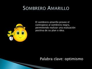 El sombrero amarillo provee el contrapeso al sombrero negro, permitiendo realizar una evaluación positiva de su plan o idea. Palabra clave: optimismo