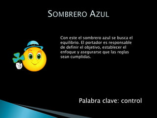 Con este el sombrero azul se busca el equilibrio. El portador es responsable de definir el objetivo, establecer el enfoque y asegurarse que las reglas sean cumplidas. Palabra clave: control