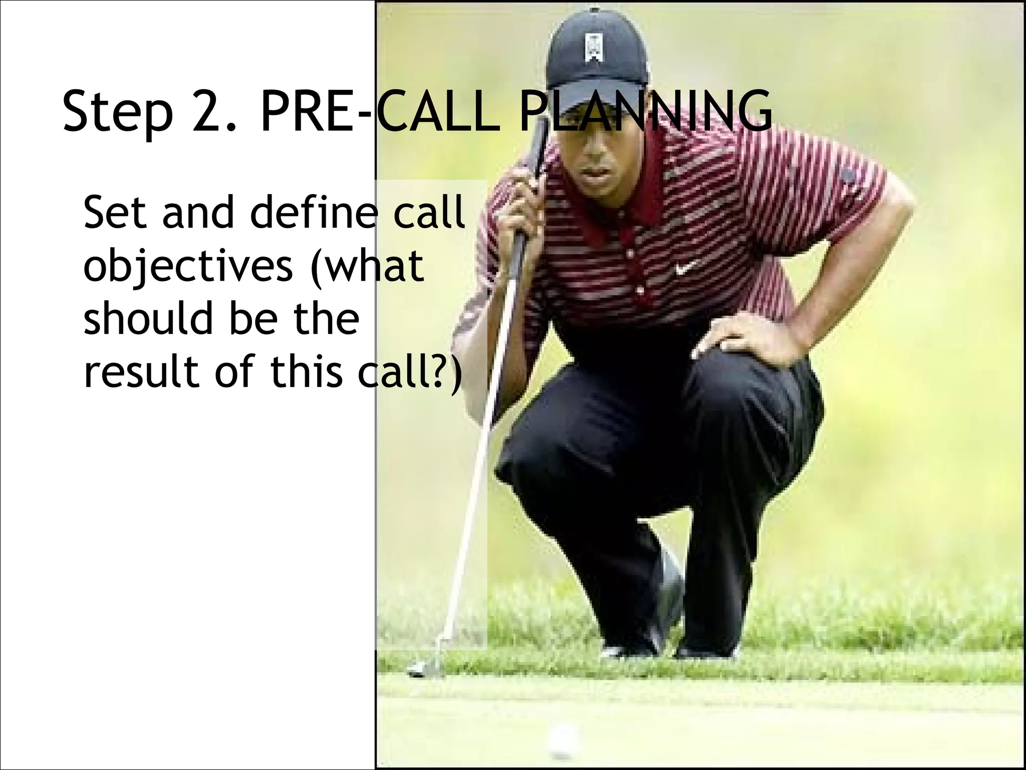 Step 2. PRE-CALL PLANNING
Set and define call
objectives (what
should be the
result of this call?)
 