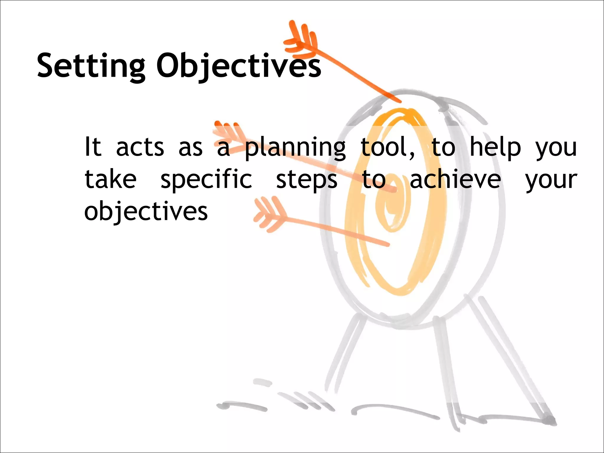 Setting Objectives

   It acts as a planning tool, to help you
   take specific steps to achieve your
   objectives
 