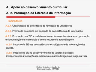 Modelo de Auto-avaliação da Biblioteca Escolar (MAABE) Apoio ao desenvolvimento curricular   A. 2. Promoção da Literacia da Informação Indicadores A.2.1.  Organização de actividades de formação de utilizadores A.2.2.  Promoção do ensino em contexto de competências de informação . A.2.3.  Promoção das TIC e da Internet como ferramentas de acesso, produção e comunicação de informação e como recurso de aprendizagem. A.2.4.  Impacto da BE nas competências tecnológicas e de informação dos alunos. A.2.5.  Impacto da BE no desenvolvimento de valores e atitudes indispensáveis à formação da cidadania e à aprendizagem ao longo da vida . 