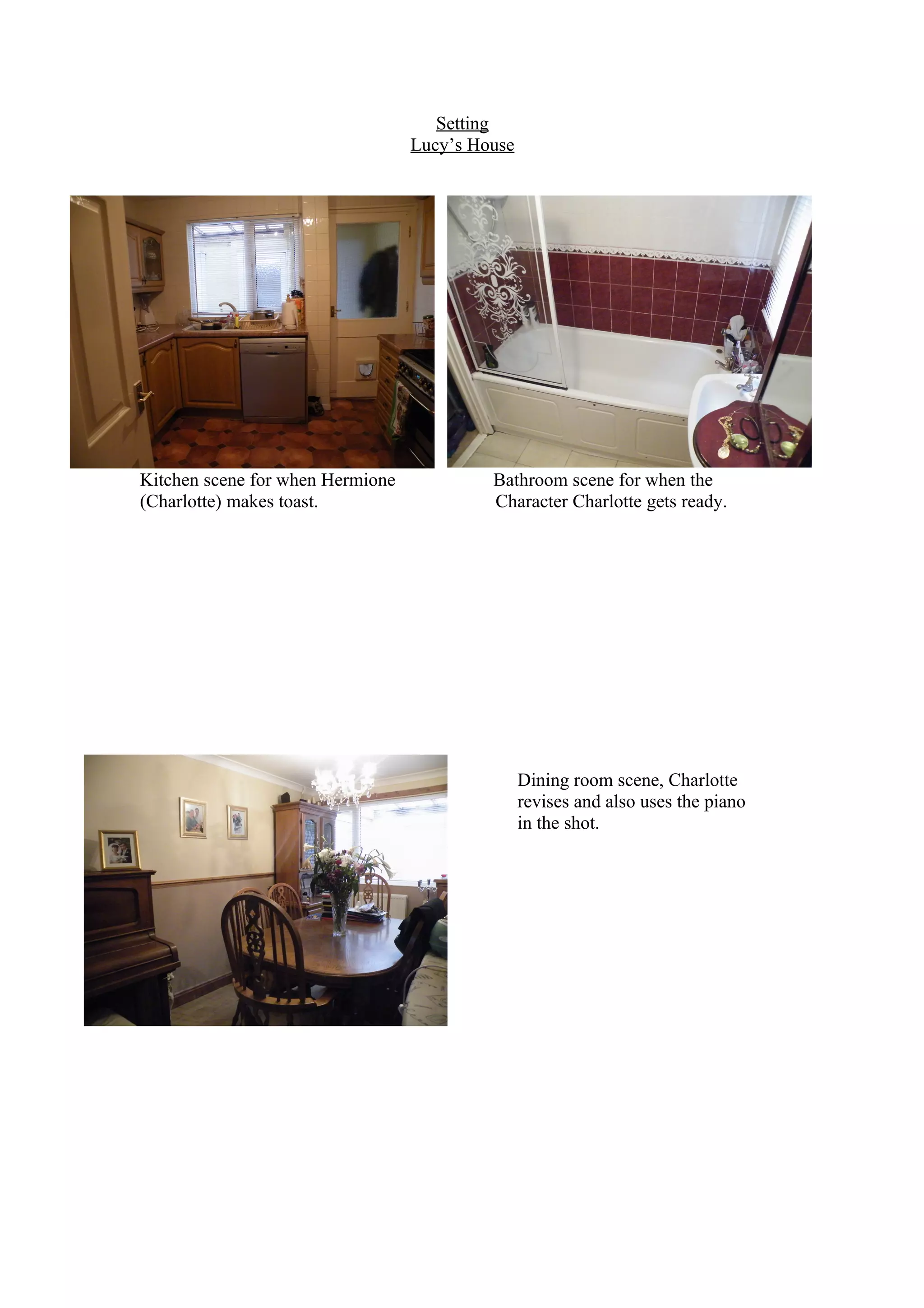 Setting
Lucy’s House
Kitchen scene for when Hermione Bathroom scene for when the
(Charlotte) makes toast. Character Charlotte gets ready.
Dining room scene, Charlotte
revises and also uses the piano
in the shot.