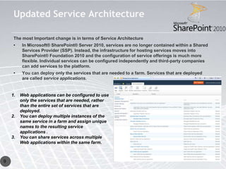 Updated Service Architecture

     The most Important change is in terms of Service Architecture
     •    In Microsoft® SharePoint® Server 2010, services are no longer contained within a Shared
          Services Provider (SSP). Instead, the infrastructure for hosting services moves into
          SharePoint® Foundation 2010 and the configuration of service offerings is much more
          flexible. Individual services can be configured independently and third-party companies
          can add services to the platform.
     •    You can deploy only the services that are needed to a farm. Services that are deployed
          are called service applications.


    1.   Web applications can be configured to use
         only the services that are needed, rather
         than the entire set of services that are
         deployed.
    2.   You can deploy multiple instances of the
         same service in a farm and assign unique
         names to the resulting service
         applications .
    3.   You can share services across multiple
         Web applications within the same farm.



9
 