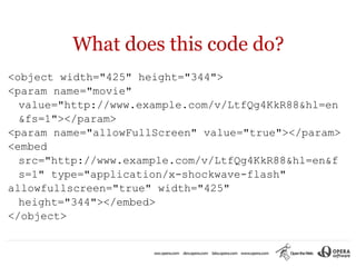 What does this code do?
<object width="425" height="344">
<param name="movie"
  value="http://www.example.com/v/LtfQg4KkR88&hl=en
  &fs=1"></param>
<param name="allowFullScreen" value="true"></param>
<embed
  src="http://www.example.com/v/LtfQg4KkR88&hl=en&f
  s=1" type="application/x-shockwave-flash"
allowfullscreen="true" width="425"
  height="344"></embed>
</object>
 