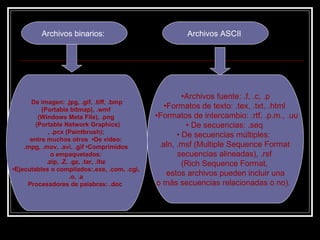 Archivos binarios:  Archivos ASCII  De imagen: .jpg, .gif, .tiff, .bmp (Portable bitmap), .wmf  (Windows Meta File), .png  (Portable Network Graphics) , .pcx (Paintbrush);  entre muchos otros  •De video:  .mpg, .mov, .avi, .gif •Comprimidos  o empaquetados:  .zip, .Z, .gz, .tar, .lhz  • Ejecutables o compilados:.exe, .com, .cgi,  .o, .a  Procesadores de palabras: .doc  • Archivos fuente: .f, .c, .p • Formatos de texto: .tex, .txt, .html  • Formatos de intercambio: .rtf, .p.m., .uu •  De secuencias: .seq  •  De secuencias múltiples:  .aln, .msf (Multiple Sequence Format  secuencias alineadas), .rsf  (Rich Sequence Format,  estos archivos pueden incluir una o más secuencias relacionadas o no).  
