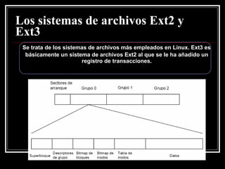 Los sistemas de archivos Ext2 y Ext3 Se trata de los sistemas de archivos más empleados en Linux. Ext3 es básicamente un sistema de archivos Ext2 al que se le ha añadido un registro de transacciones. 