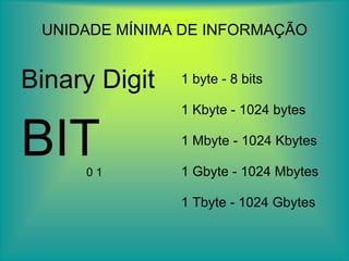 SISTEMAS DE NUMERAÇÃO BINÁRIA E DECIMALConversão de binário para decimalComeçando a ler o número da direita para a esquerda:- Primeiro digito representa  a potência de base 2  e expoente 0;     - Segundo digito representa  a potência de base 2  e expoente 1;     - Terceiro digito representa  a potência de base 2  e expoente 2;     - nésimo digito representa  a potência de base 2  e expoente n-1;Somar as multiplicações parciais efectuadas entre o dígito e a potência a ele atribuída