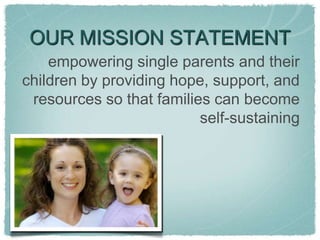 OUR MISSION STATEMENTempowering single parents and their children by providing hope, support, and resources so that families can become self-sustaining