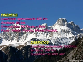 PIRENEOS Lonxitude aproximada:425 km.  Anchura: 80 km.  Orientación: De Oeste a Este  Picos: Aneto, Posets, Monte Perdido. CÁRPATOS Lonxitude aproximada:1500 Km.  Anchura. 500 Km. Superficie:190.000  km 2 
