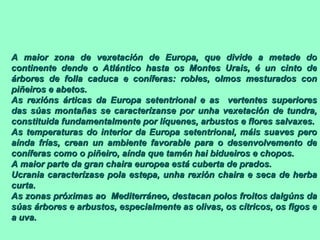   A maior zona de vexetación de Europa, que divide a metade do continente dende o Atlántico hasta os Montes Urais, é un cinto de árbores de folla caduca e coníferas: robles, olmos mesturados con piñeiros e abetos. As rexións árticas da Europa setentrional e as  vertentes superiores das súas montañas se caracterízanse por unha vexetación de tundra, constituida fundamentalmente por líquenes, arbustos e flores salvaxes. As temperaturas do interior da Europa setentrional, máis suaves pero aínda frías, crean un ambiente favorable para o desenvolvemento de coníferas como o piñeiro, aínda que tamén hai bidueiros e chopos. A maior parte da gran chaira europea está cuberta de prados. Ucrania caracterízase pola estepa, unha rexión chaira e seca de herba curta. As zonas próximas ao  Mediterráneo, destacan polos froitos dalgúns da súas árbores e arbustos, especialmente as olivas, os cítricos, os figos e a uva.   
