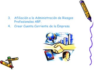 Afiliación a la Administración de Riesgos Profesionales ARP. Crear Cuenta Corriente de la Empresa 