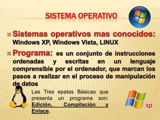 SISTEMA OPERATIVO
Las Tres epatas Básicas que
presenta un programa son:
Edición, Compilación y
Enlace.