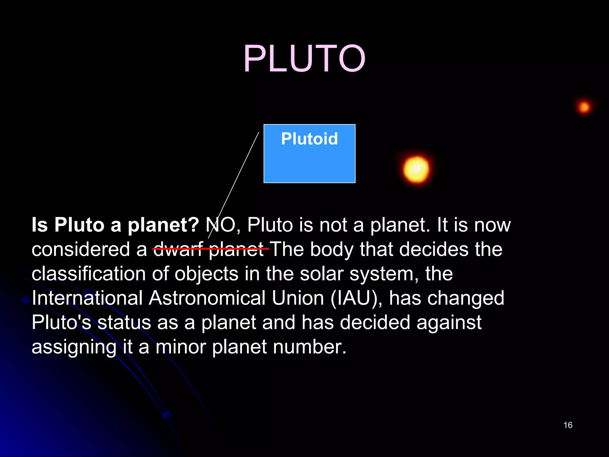 PLUTO Is Pluto a planet?  NO, Pluto is not a planet. It is now considered a dwarf planet The body that decides the classification of objects in the solar system, the International Astronomical Union (IAU), has changed Pluto's status as a planet and has decided against assigning it a minor planet number.  Plutoid 