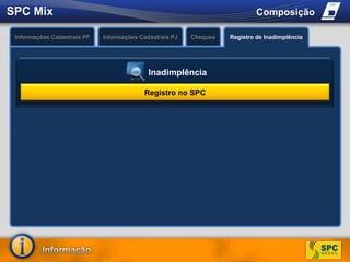 SPC MixComposiçãoInformações Cadastrais PFChequesInformações Cadastrais PJRegistro de InadimplênciaInadimplência O que é?Registro no SPCO que é?Acesso a informação de Registro de SPC e ocorrências de cheques relacionadas ao CPF / CNPJ.Permite a confirmação dos dados cadastrais do consumidor.