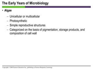 The Early Years of Microbiology Algae Unicellular or multicellular Photosynthetic Simple reproductive structures Categorized on the basis of pigmentation, storage products, and composition of cell wall 