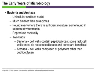 The Early Years of Microbiology Bacteria and Archaea Unicellular and lack nuclei Much smaller than eukaryotes Found everywhere there is sufficient moisture; some found in extreme environments Reproduce asexually Two kinds Bacteria – cell walls contain peptidoglycan; some lack cell walls; most do not cause disease and some are beneficial Archaea – cell walls composed of polymers other than peptidoglycan 
