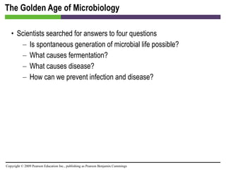 The Golden Age of Microbiology Scientists searched for answers to four questions Is spontaneous generation of microbial life possible? What causes fermentation? What causes disease? How can we prevent infection and disease? 