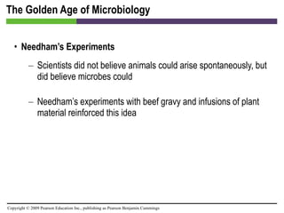 The Golden Age of Microbiology Needham’s Experiments Scientists did not believe animals could arise spontaneously, but did believe microbes could Needham’s experiments with beef gravy and infusions of plant material reinforced this idea 