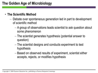 The Golden Age of Microbiology The Scientific Method Debate over spontaneous generation led in part to development of scientific method A group of observations leads scientist to ask question about some phenomenon The scientist generates hypothesis (potential answer to question) The scientist designs and conducts experiment to test hypothesis Based on observed results of experiment, scientist either accepts, rejects, or modifies hypothesis 